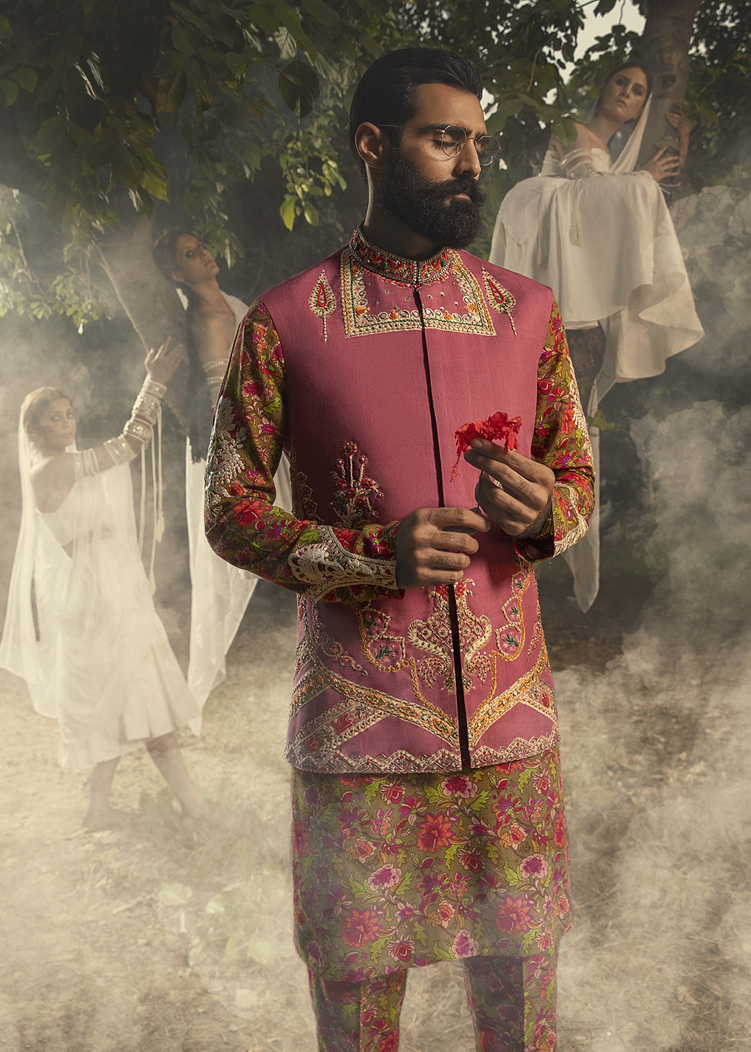 Dull Crimson Zardozi Cotton Waistcoat Kurta Set (3-Piece) - Image 8