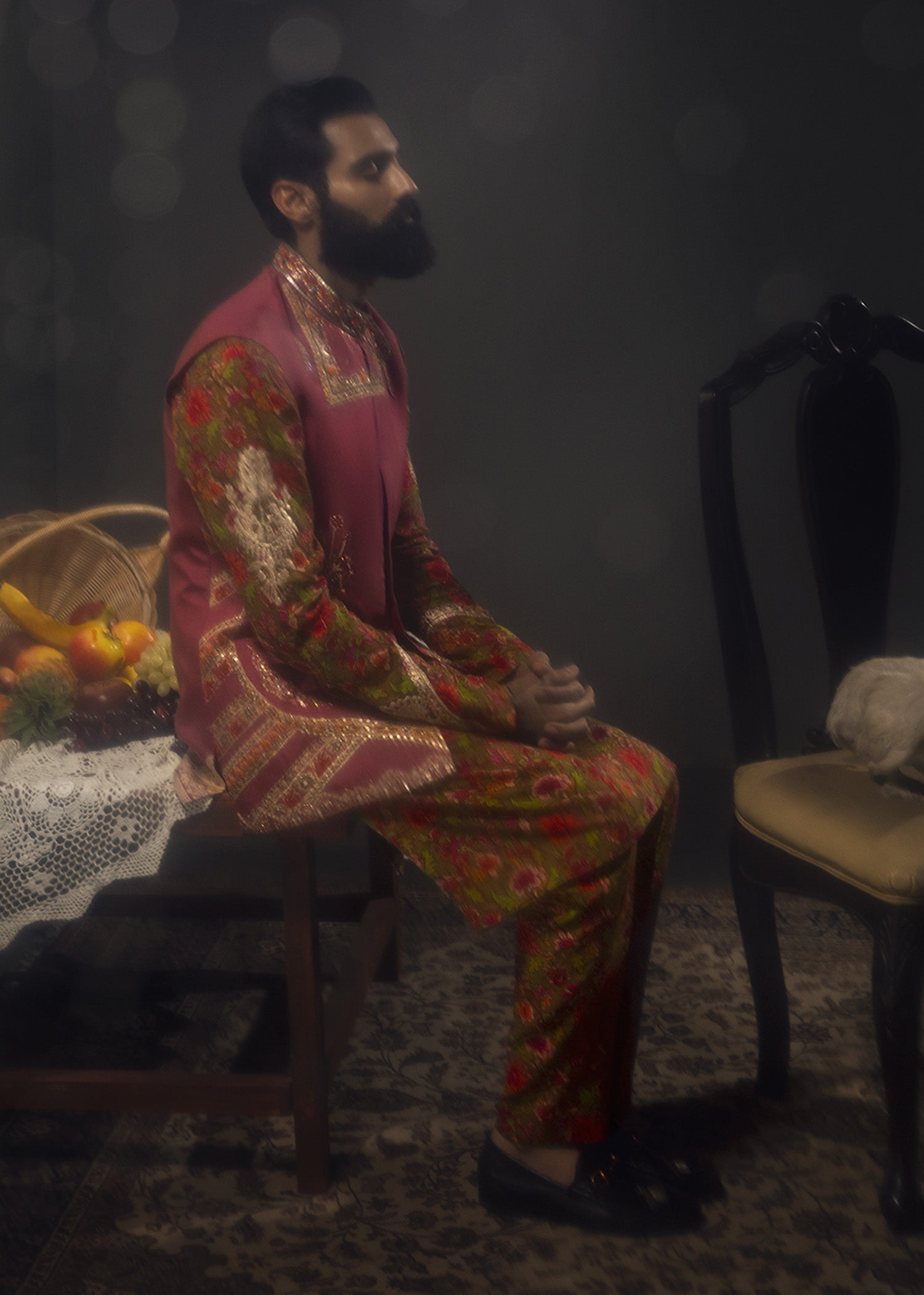 Dull Crimson Zardozi Cotton Waistcoat Kurta Set (3-Piece) - Image 9