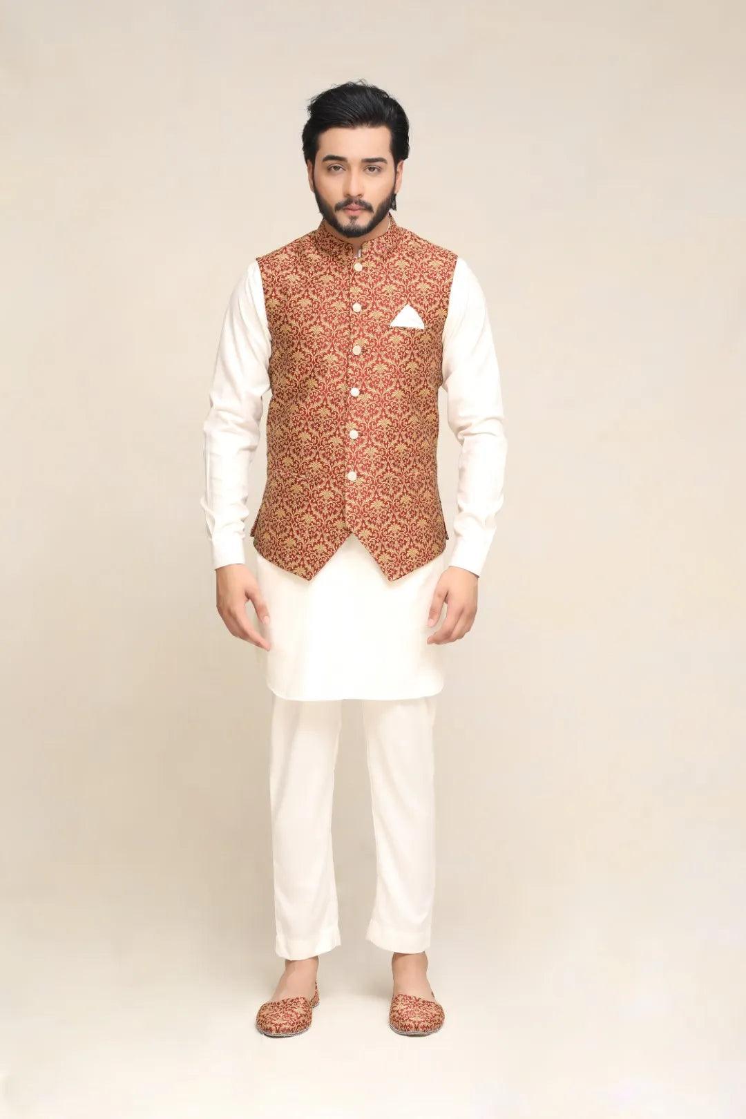 Mehroon Jacquard Waistcoat with Gold Motifs (3-Piece) - Image 1
