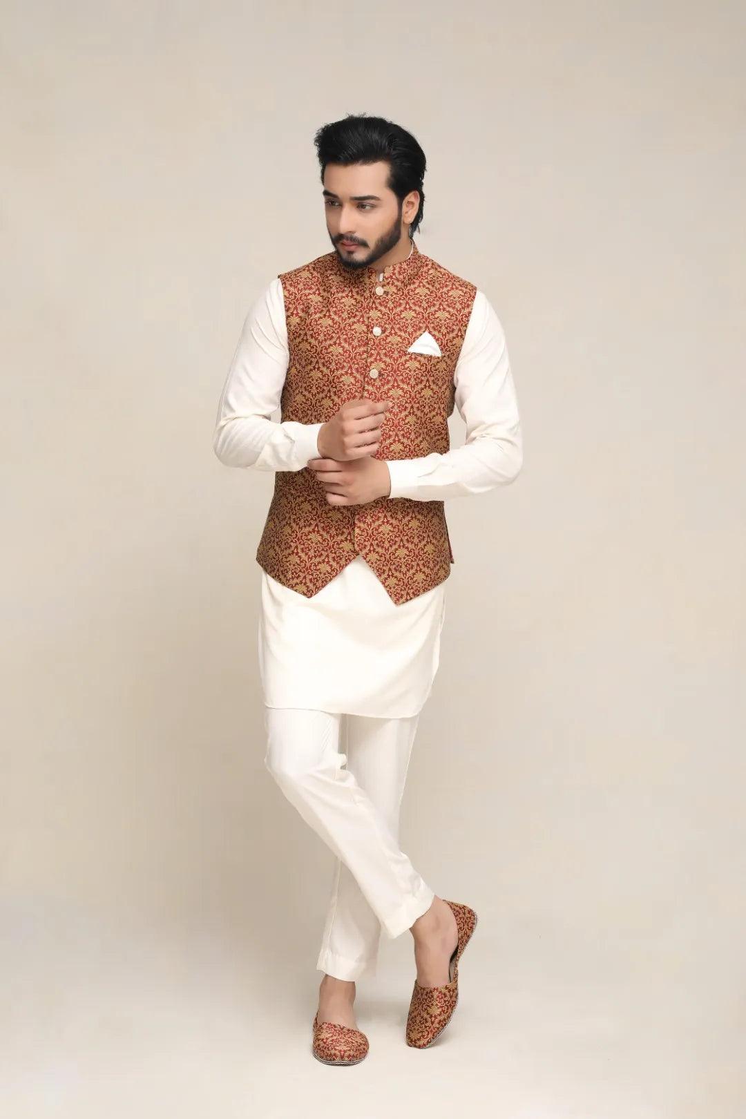 Mehroon Jacquard Waistcoat with Gold Motifs (3-Piece) - Image 2