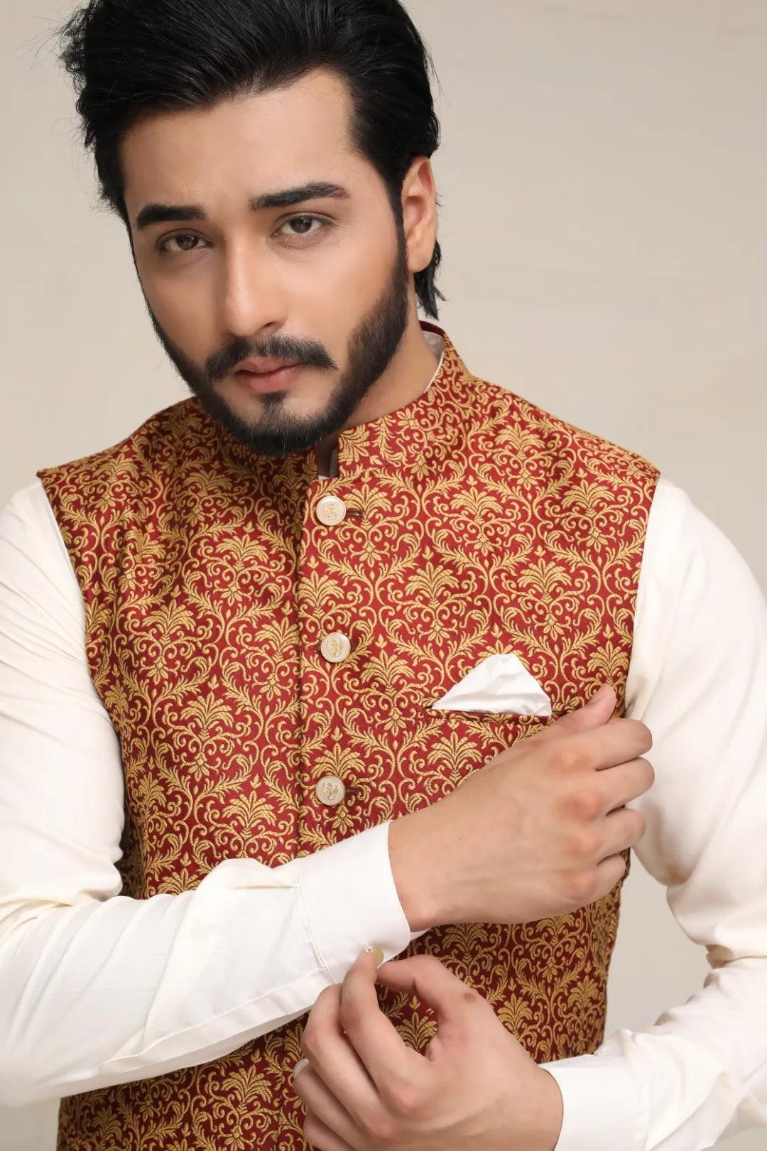 Mehroon Jacquard Waistcoat with Gold Motifs (3-Piece) - Image 4