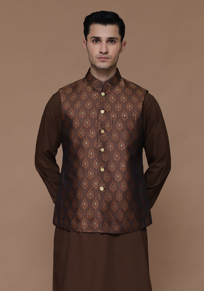 Rust Jamawar Waistcoat Kurta Set (3-Piece) - Image 1