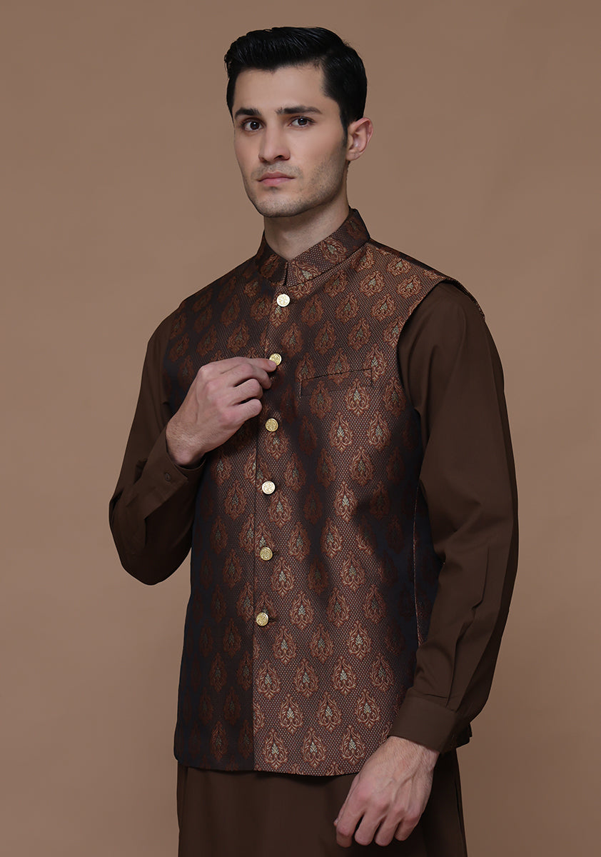 Rust Jamawar Waistcoat Kurta Set (3-Piece) - Image 2