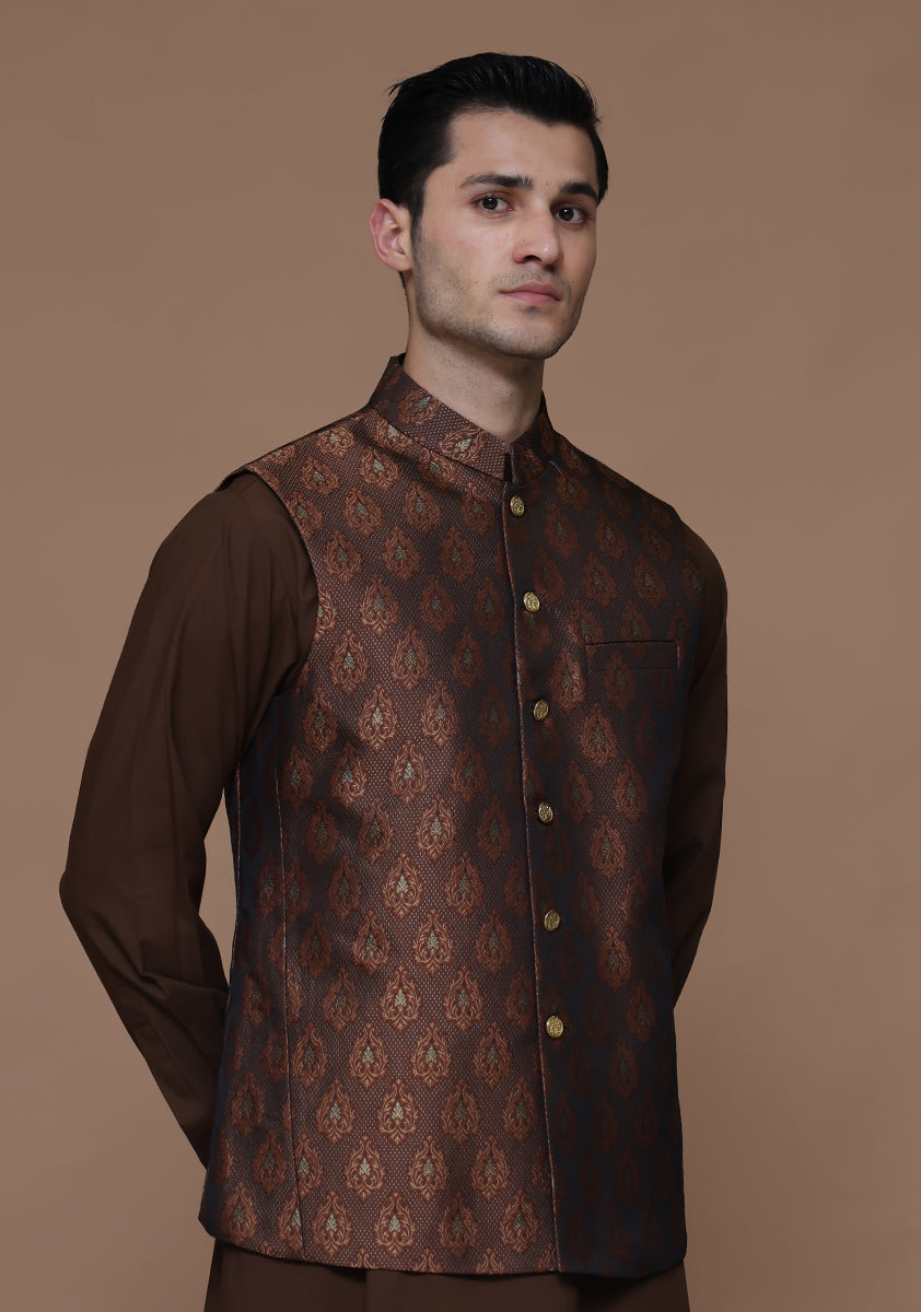 Rust Jamawar Waistcoat Kurta Set (3-Piece) - Image 3
