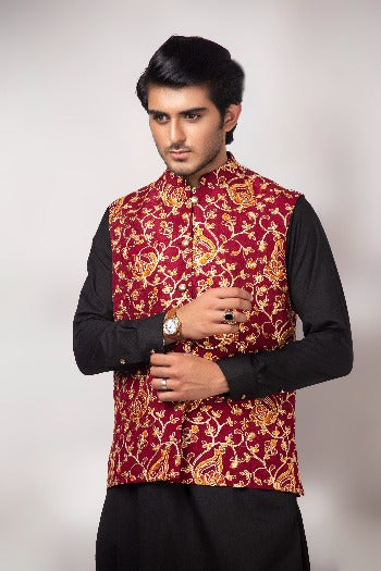 Maroon Zari Embroidered Poly-Viscose Waistcoat (3-Piece) - Image 1