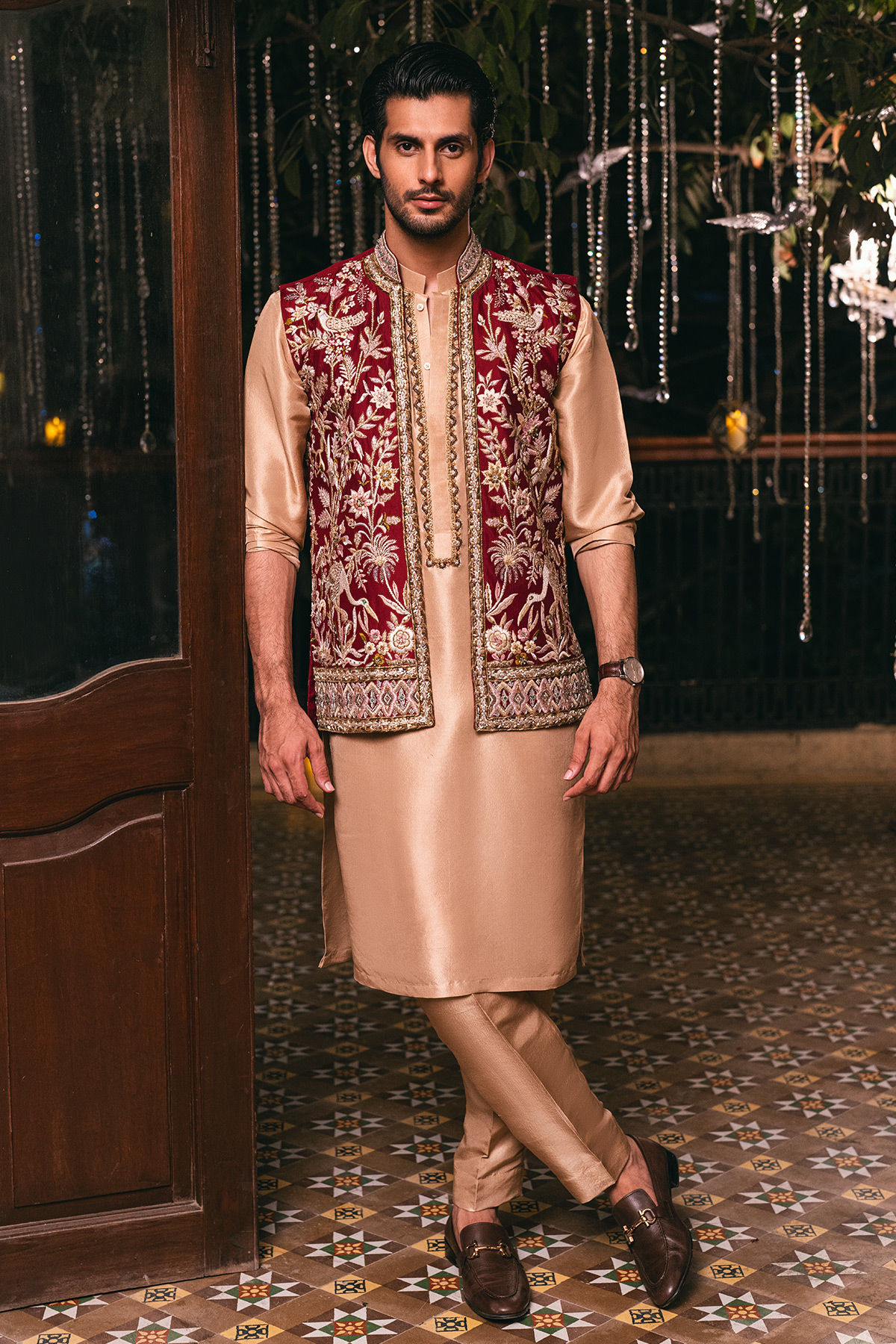 Oxblood Hand-Embroidered Pure Raw Silk Waistcoat (3-Piece) - Image 1