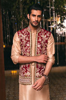 Oxblood Hand-Embroidered Pure Raw Silk Waistcoat (3-Piece) - Image 4