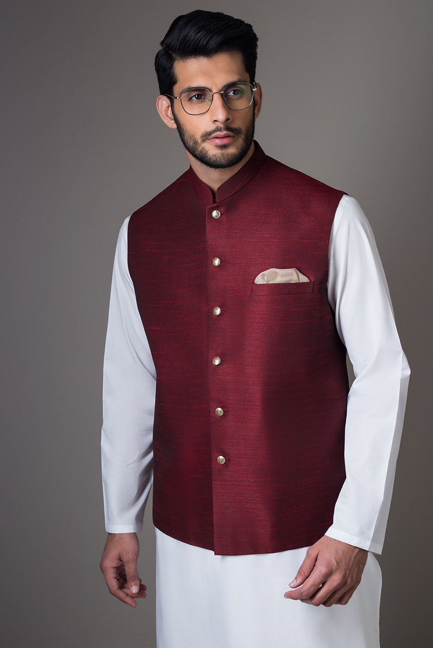 Maroon Raw Silk Waistcoat with Metal Buttons (3-Piece) - Image 2