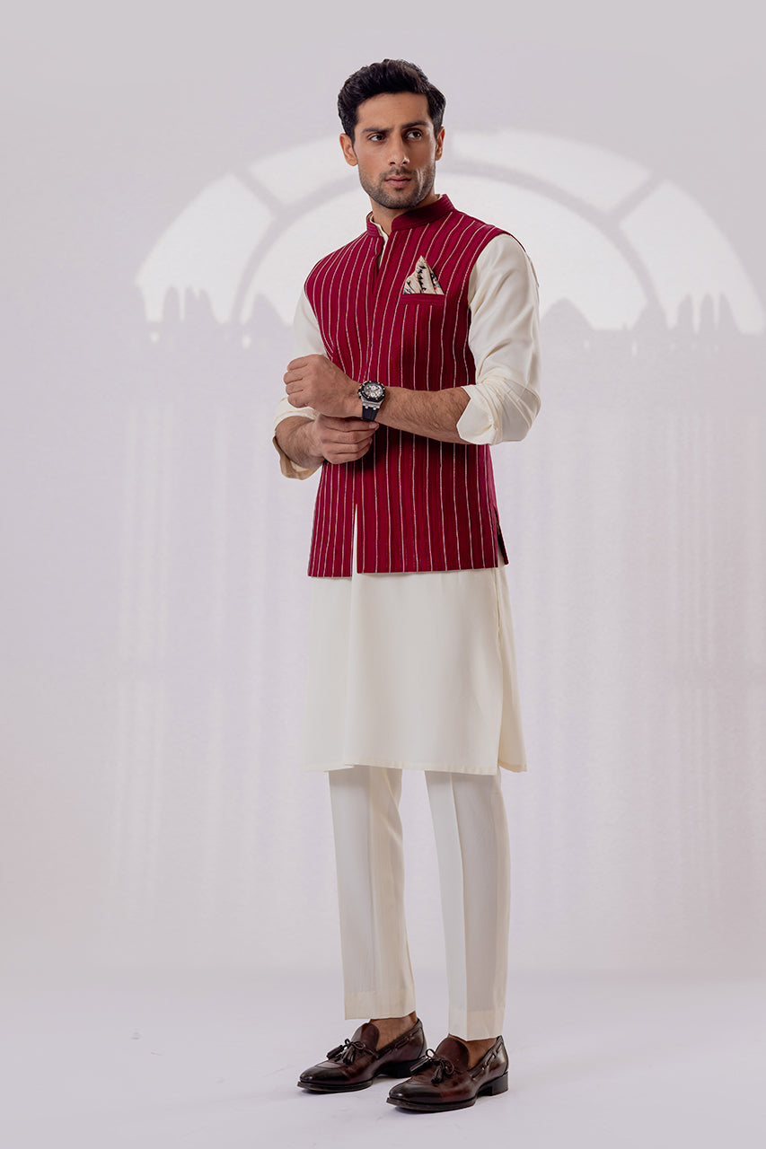 Deep Maroon Raw Silk Waistcoat Kurta Set (3-Piece) - Image 1