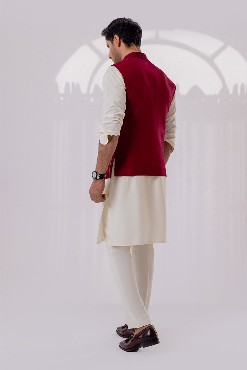 Deep Maroon Raw Silk Waistcoat Kurta Set (3-Piece) - Image 2