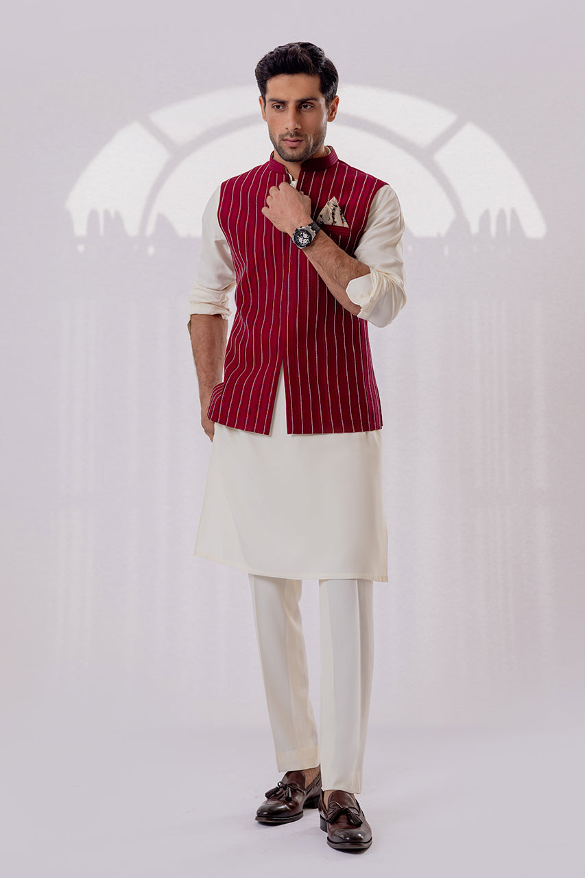 Deep Maroon Kantha Raw Silk Waistcoat Kurta (3-Piece) - Image 3