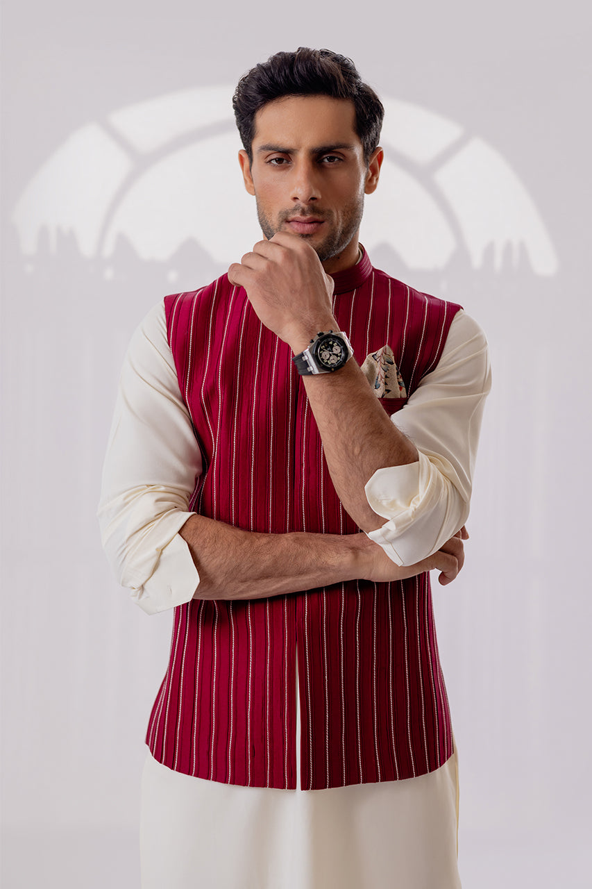 Deep Maroon Kantha Raw Silk Waistcoat Kurta (3-Piece) - Image 4