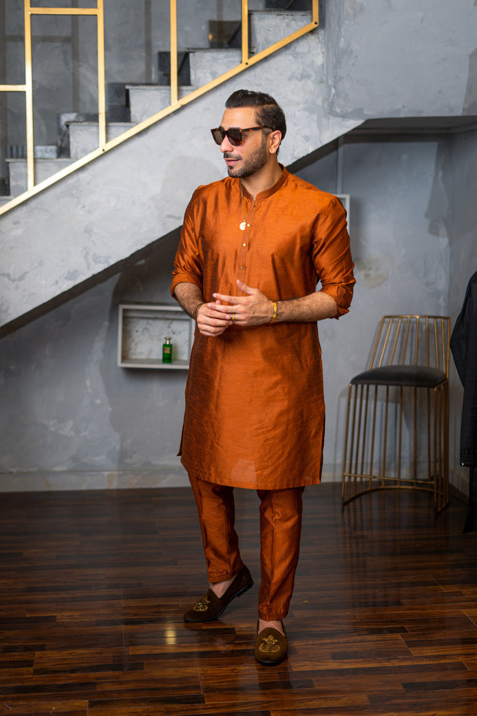 Rust Embroidered Raw Silk Waistcoat Kurta Pajama (3-Piece) - Image 1