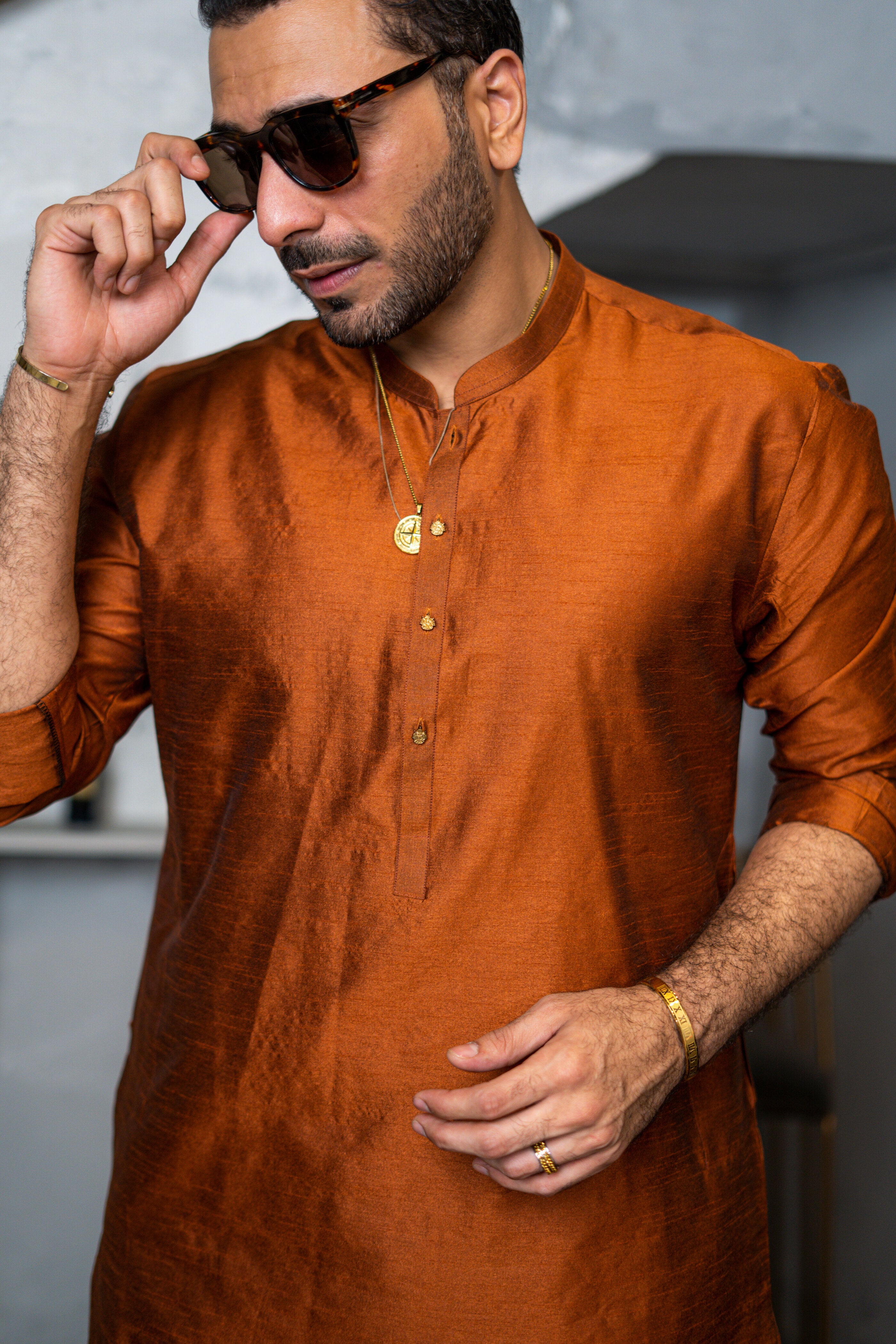 Rust Embroidered Raw Silk Waistcoat Kurta Pajama (3-Piece) - Image 4
