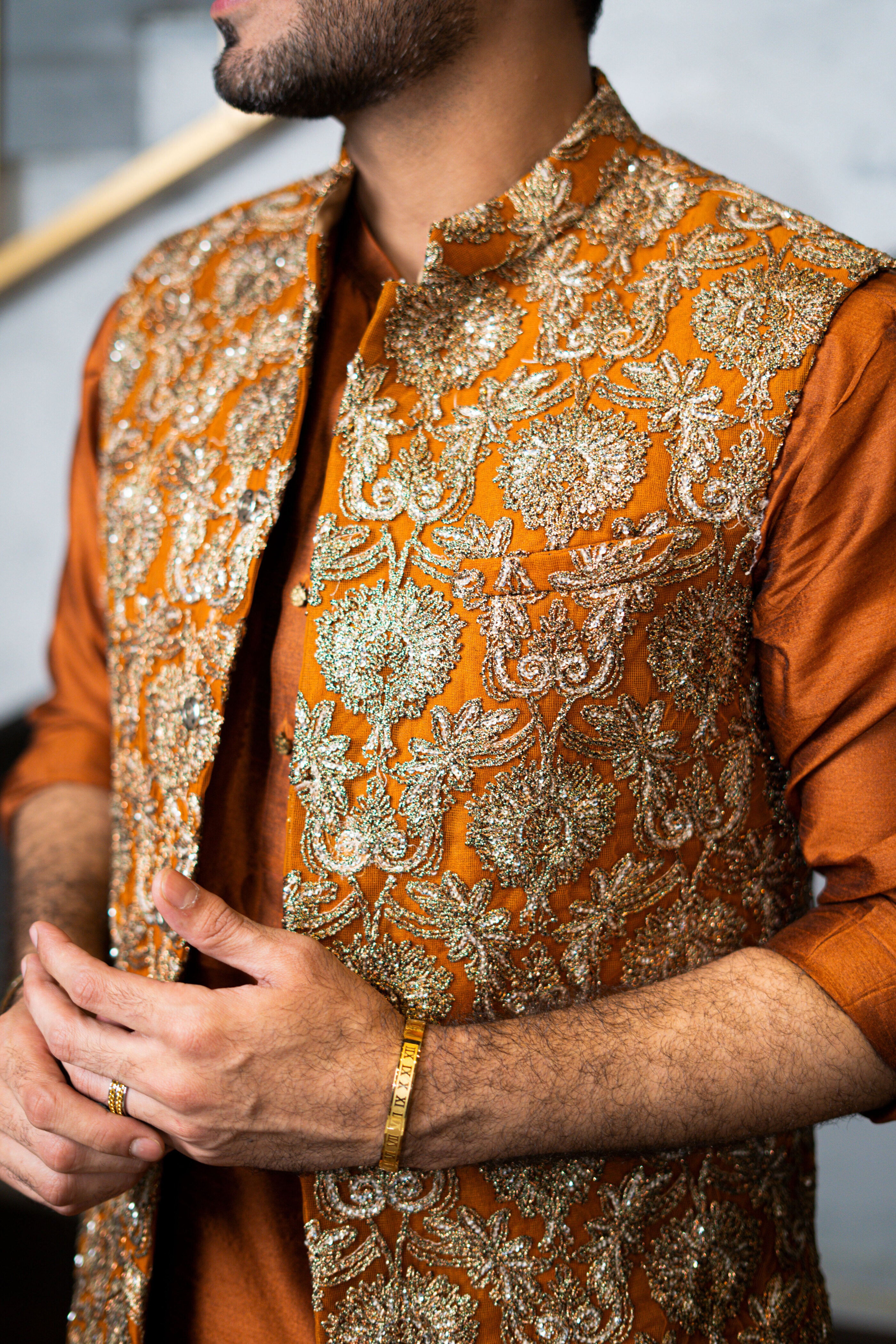 Rust Embroidered Raw Silk Waistcoat Kurta Pajama (3-Piece) - Image 6