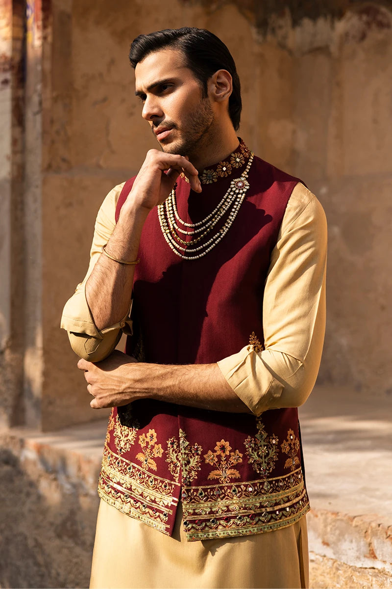 Maroon Embroidered Serona Waistcoat Kurta (3-Piece) - Image 2