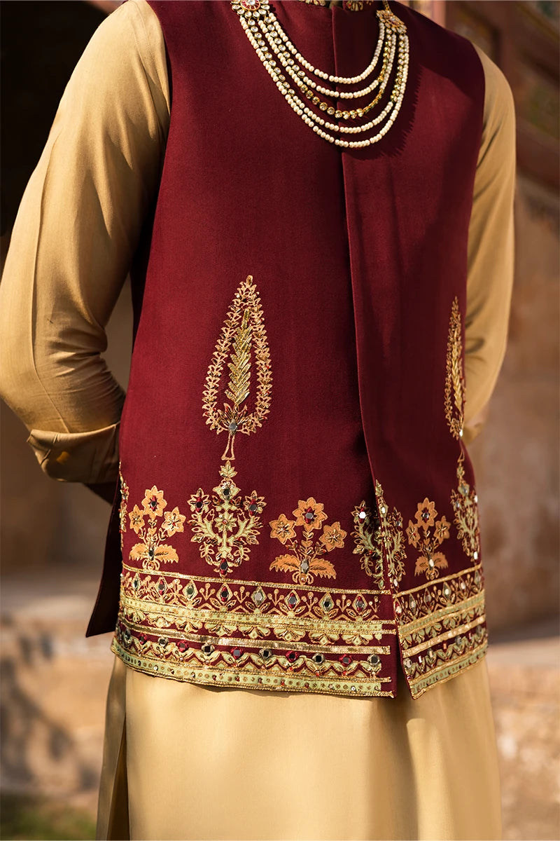 Maroon Embroidered Serona Waistcoat Kurta (3-Piece) - Image 4
