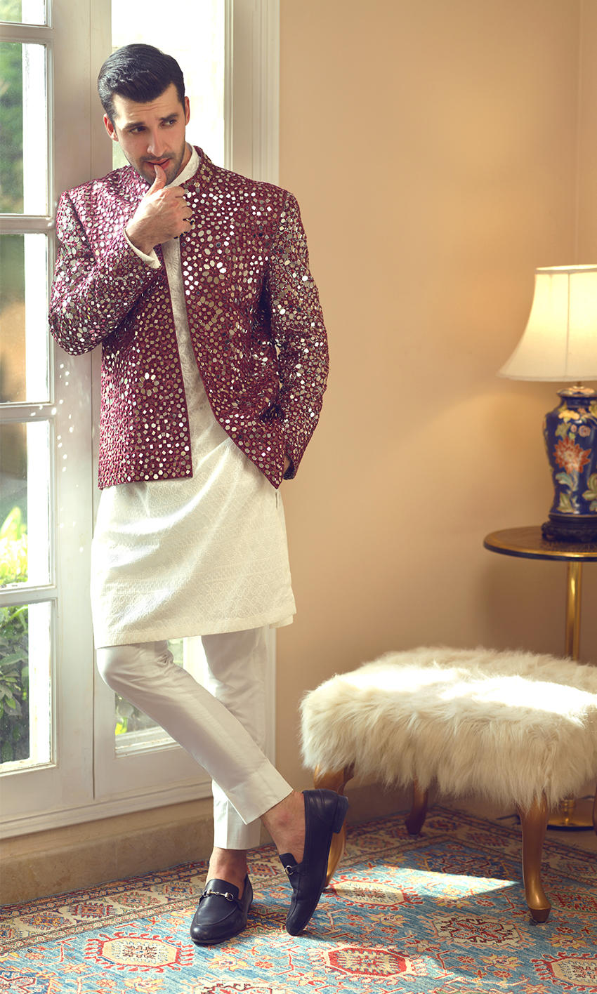 Maroon Ajrak Mirrorwork Silk-Blend Waistcoat Kurta (3-Piece) - Image 1