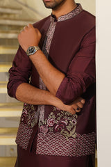 Maroon Embroidered Silk-Blend Waistcoat Kurta (3-Piece) - Image 2