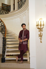 Maroon Embroidered Silk-Blend Waistcoat Kurta (3-Piece) - Image 3