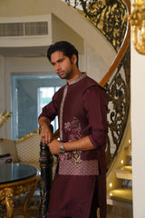 Maroon Embroidered Silk-Blend Waistcoat Kurta (3-Piece) - Image 4