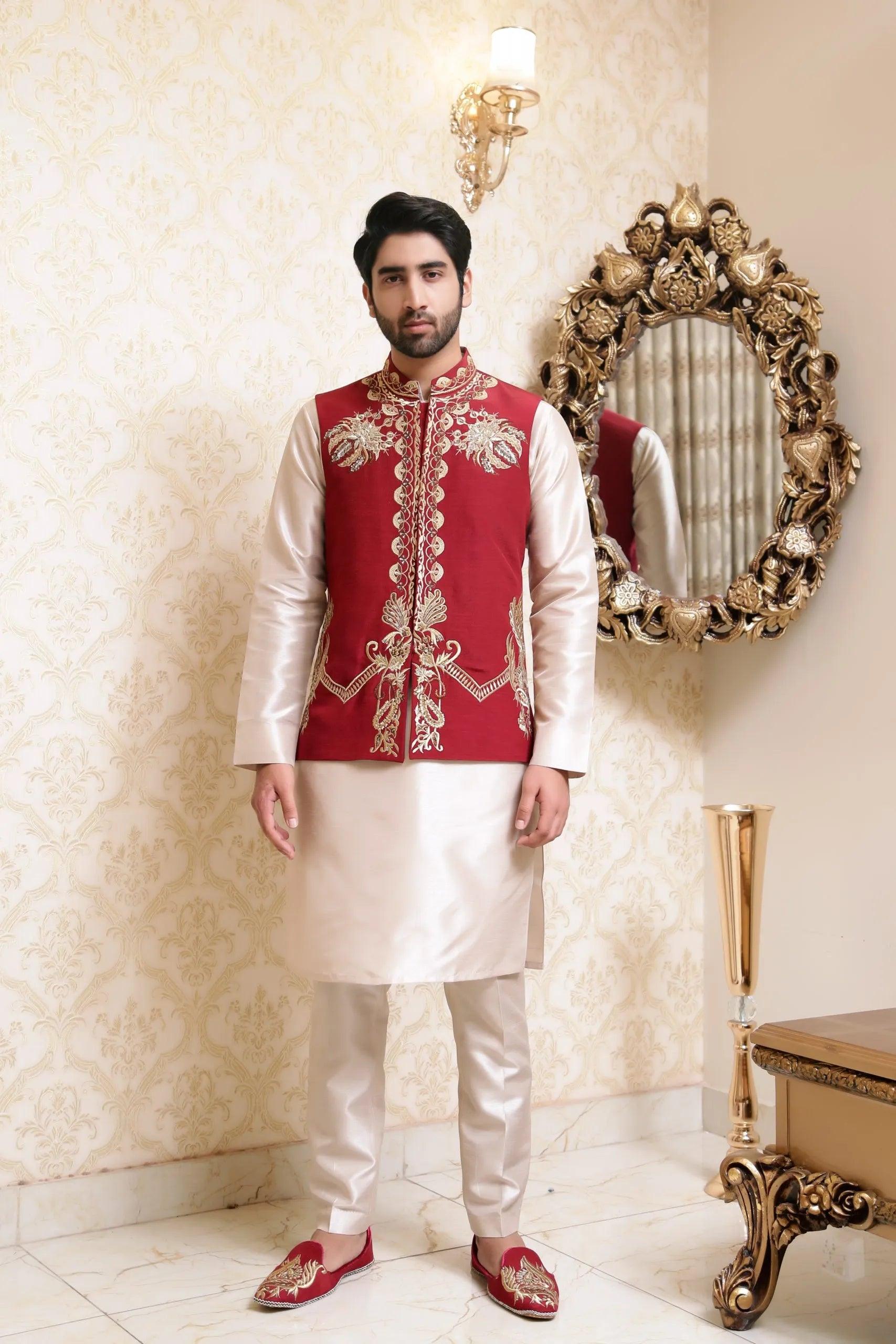 Mehroon Embroidered Silk Waistcoat (3-Piece) - Image 1