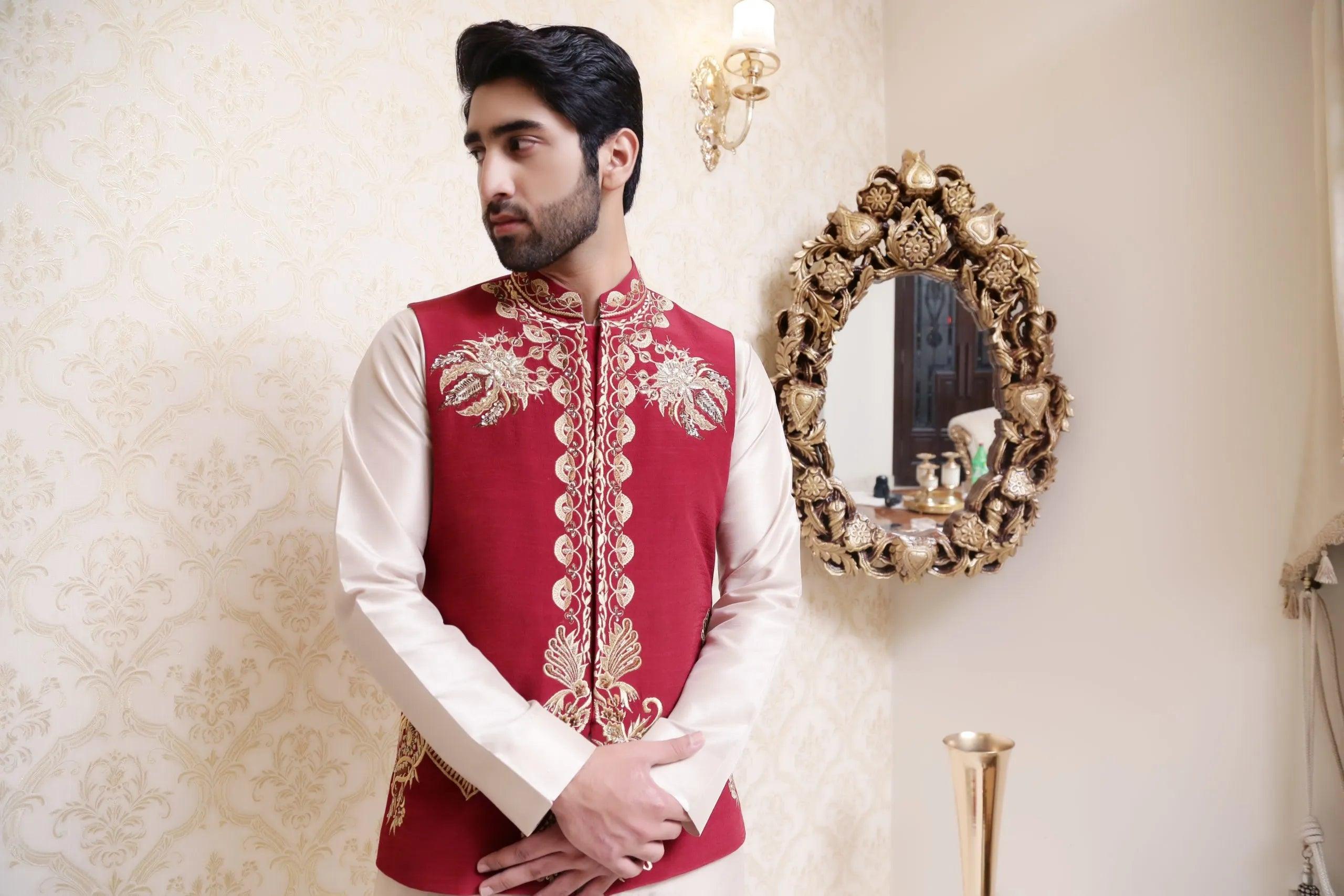 Mehroon Embroidered Silk Waistcoat (3-Piece) - Image 3