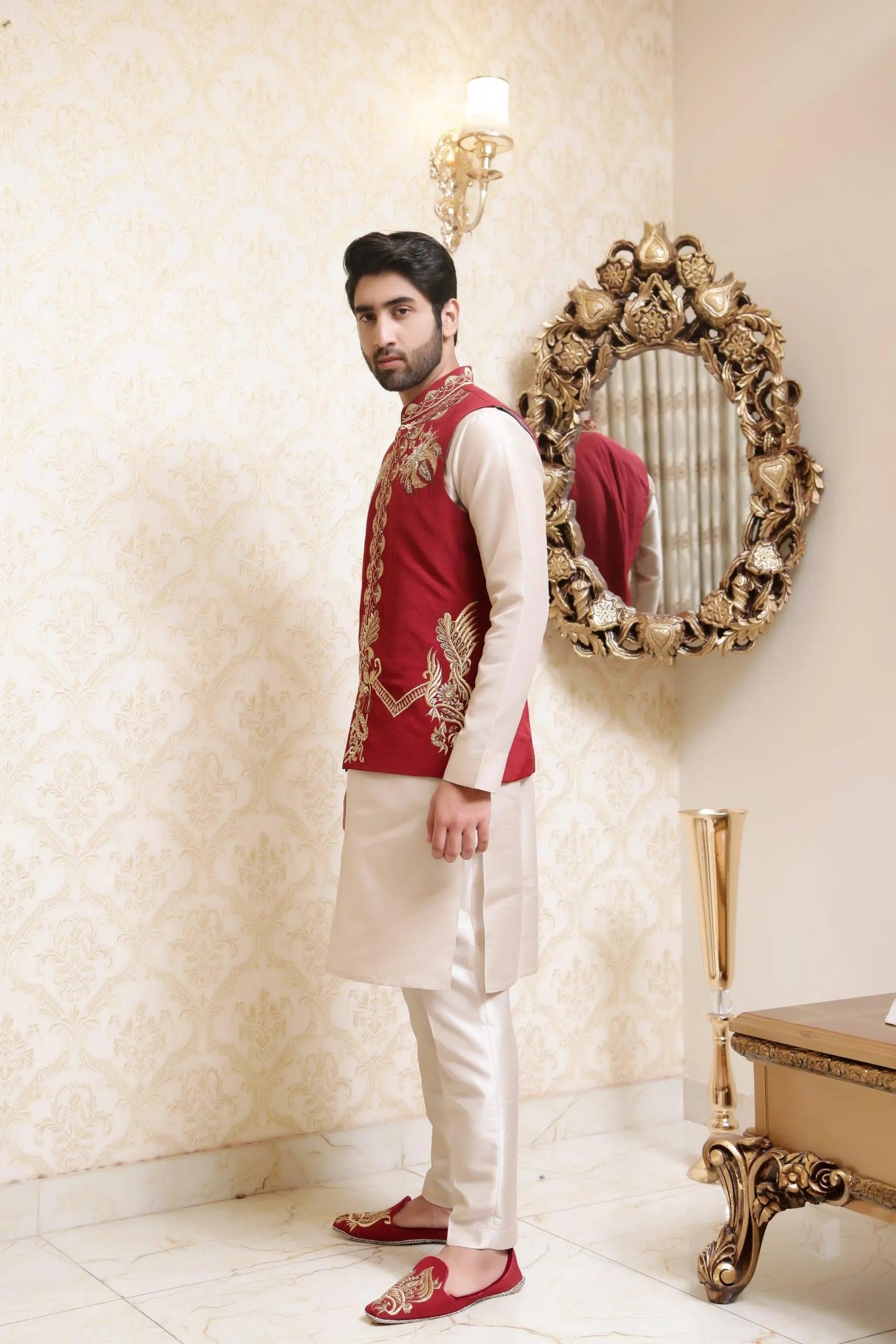 Mehroon Embroidered Silk Waistcoat (3-Piece) - Image 2