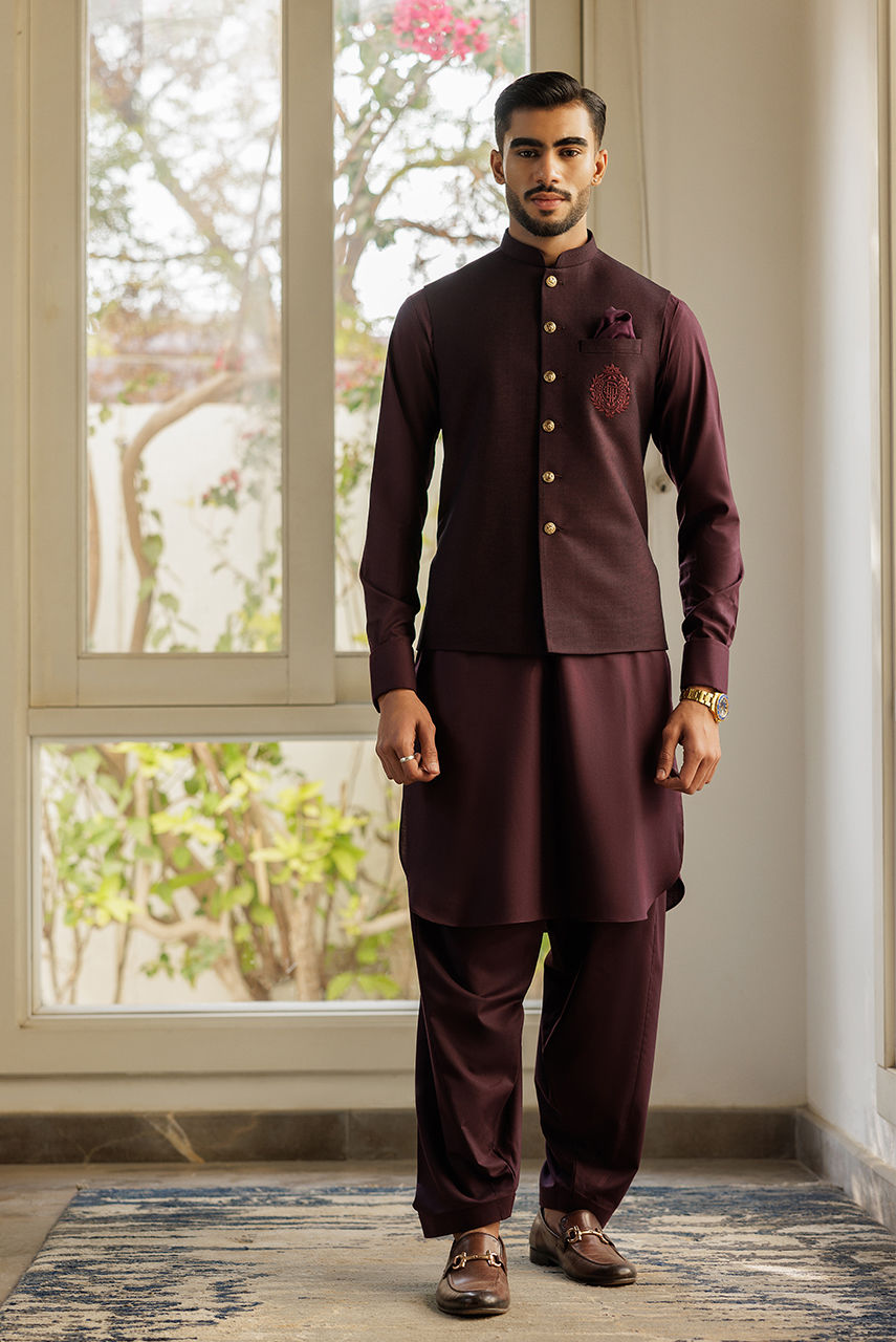 Burgundy Embroidered Suiting Waistcoat Kurta Set (3-Piece) - Image 1