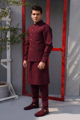 Maroon Structured Suiting Waistcoat Kurta (3-Piece) - Image 2