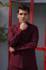 Maroon Structured Suiting Waistcoat Kurta (3-Piece) - Image 4