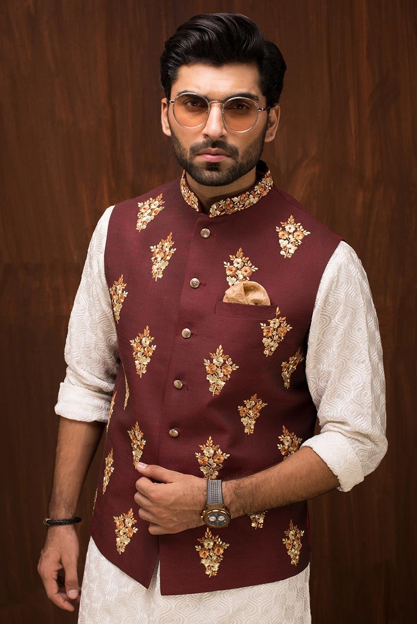 Maroon Embroidered Raw Silk Waistcoat (1-Pc) - Image 1