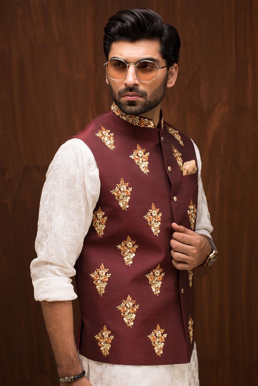 Maroon Embroidered Raw Silk Waistcoat (1-Pc) - Image 2