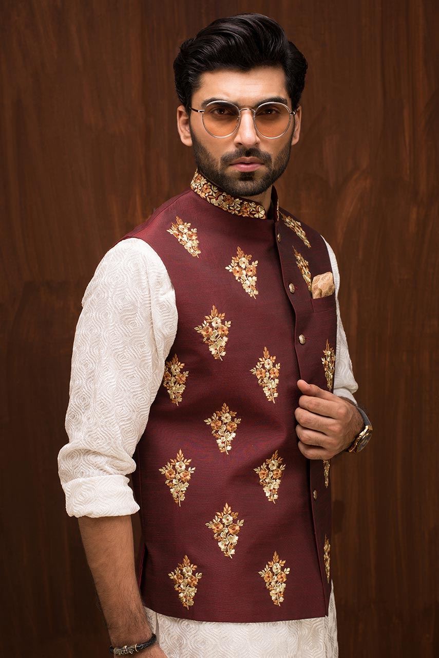 Maroon Embroidered Raw Silk Waistcoat (1-Pc) - Image 3