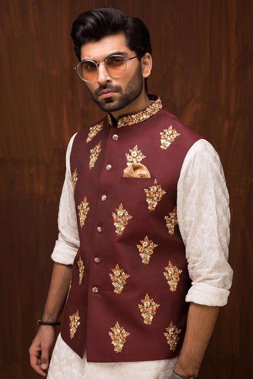 Maroon Embroidered Raw Silk Waistcoat (1-Pc) - Image 4