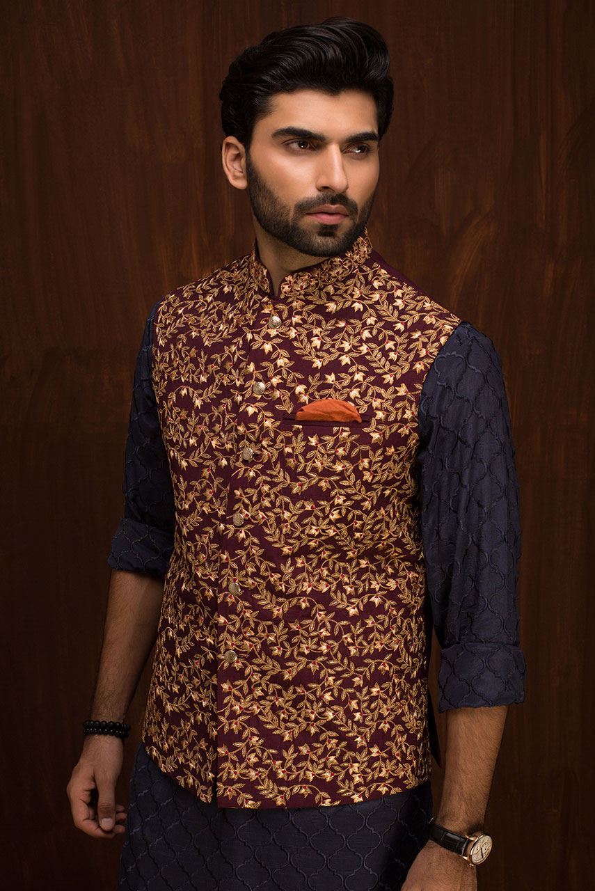 Maroon Embroidered Raw Silk Waistcoat (2-Piece) - Image 1