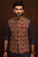 Maroon Embroidered Raw Silk Waistcoat (2-Piece) - Image 3