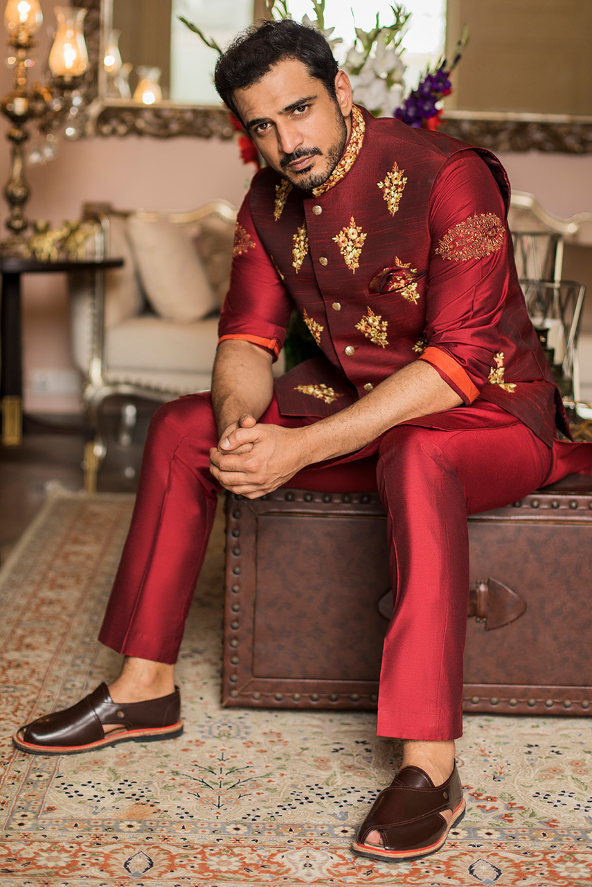 Maroon Embroidered Raw Silk Waistcoat (1-Pc) - Image 1