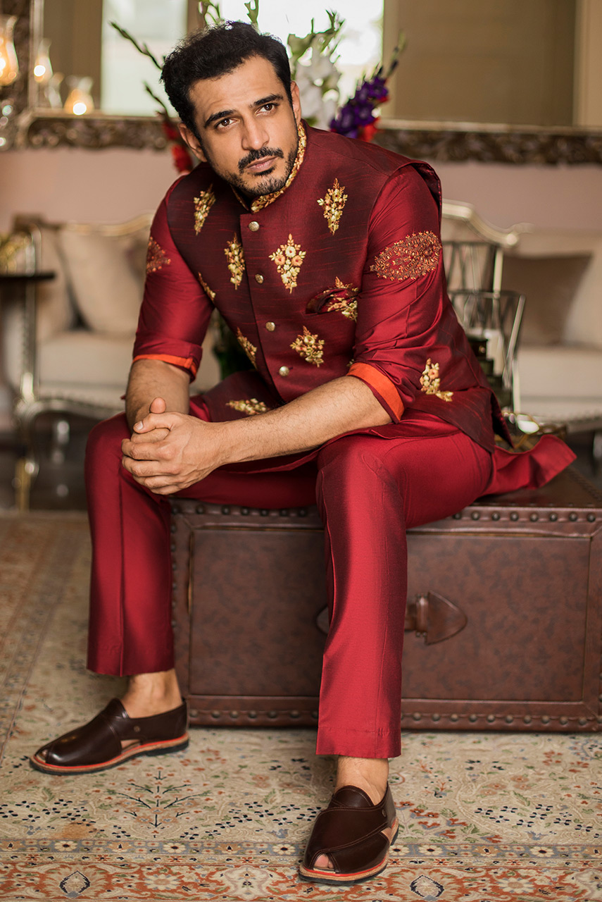 Maroon Embroidered Raw Silk Waistcoat (1-Pc) - Image 2