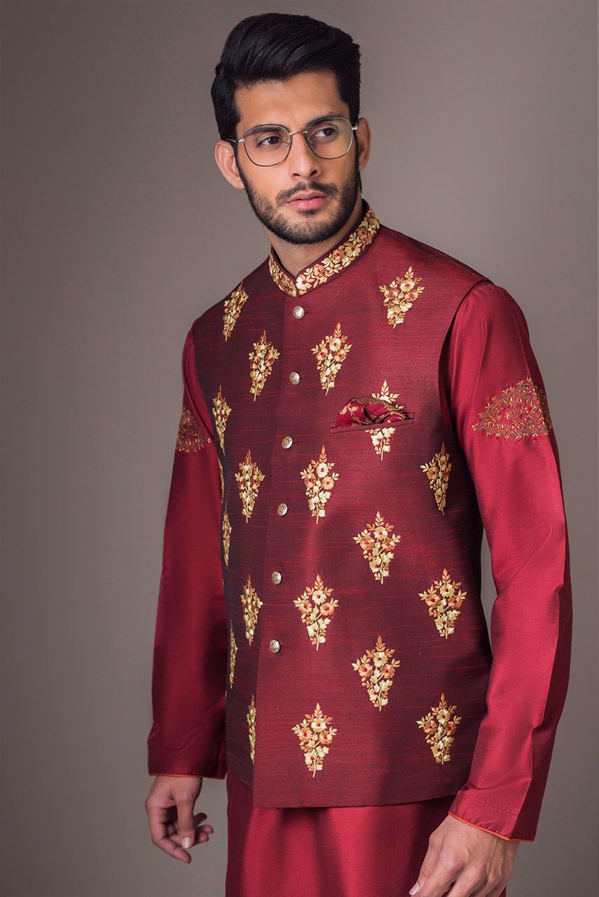 Maroon Embroidered Raw Silk Waistcoat (1-Pc) - Image 4