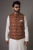 Maroon Embroidered Velvet Waistcoat (1-Pc) - Image 5
