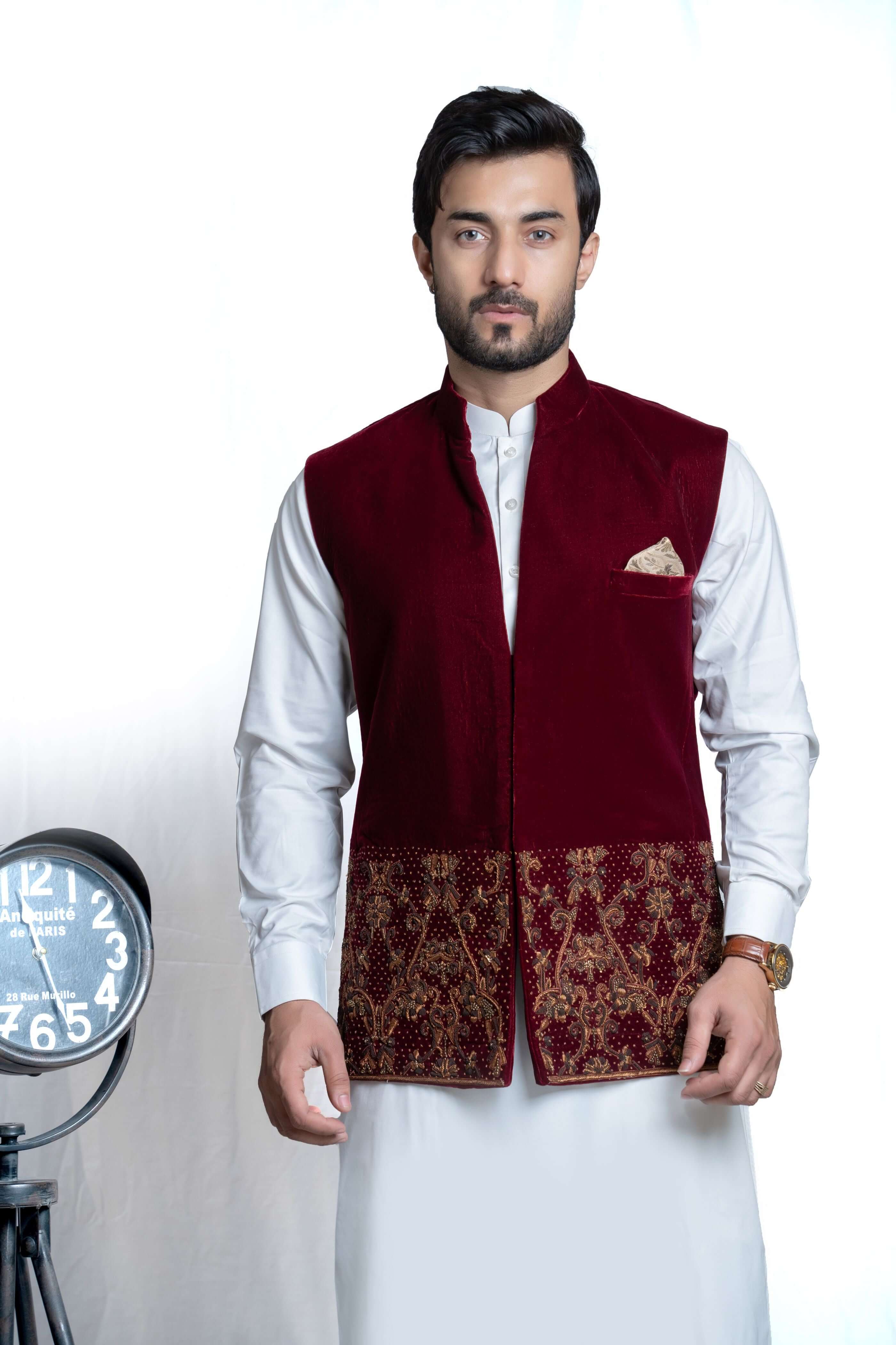Deep Maroon Zardozi Velvet Waistcoat (3-Piece) - Image 1