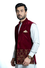 Deep Maroon Zardozi Velvet Waistcoat (3-Piece) - Image 4