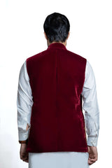 Deep Maroon Zardozi Velvet Waistcoat (3-Piece) - Image 5