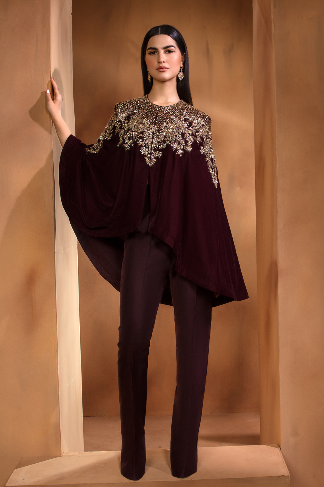 Pakistani Maroon Embroidered Crepe Cape Dress (2-Piece) - Image 1