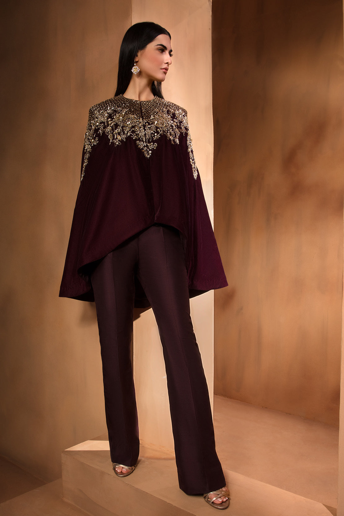 Pakistani Maroon Embroidered Crepe Cape Dress (2-Piece) - Image 2