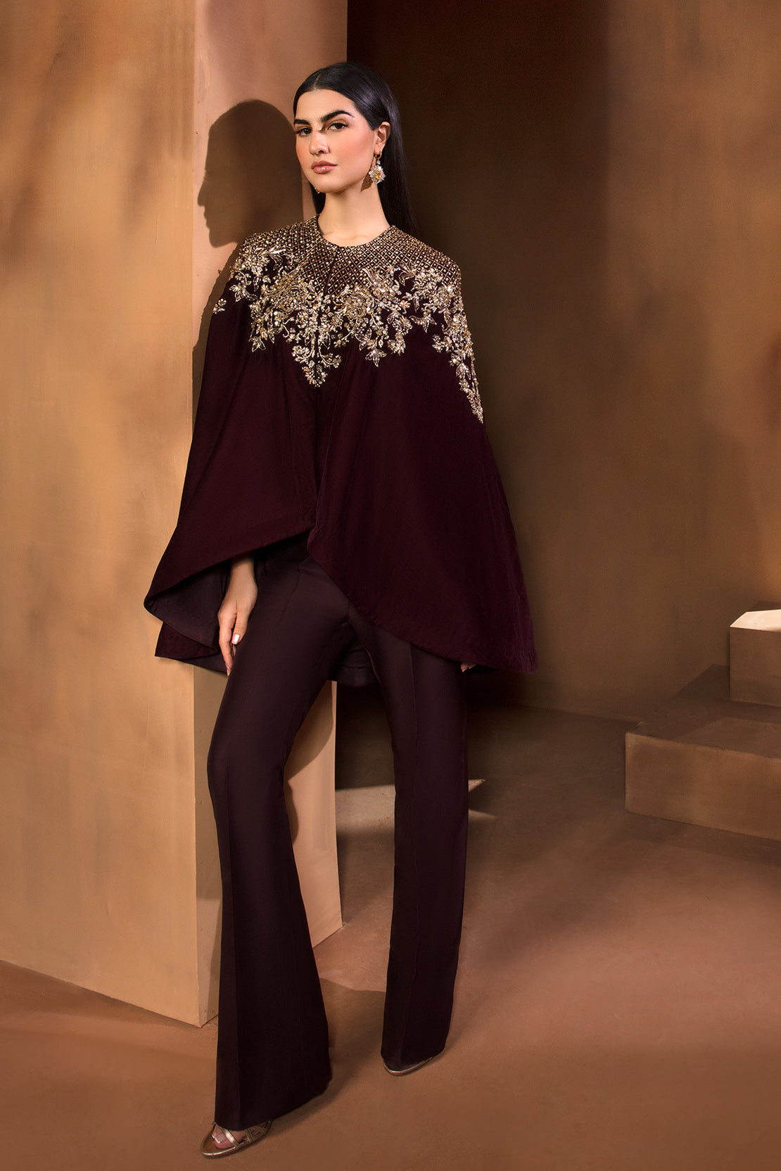 Pakistani Maroon Embroidered Crepe Cape Dress (2-Piece) - Image 3