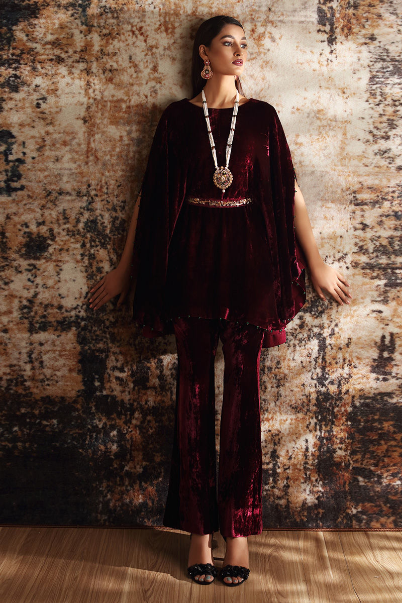 Pakistani Maroon Velvet Cape Dress with Bootcut Trousers (2-Piece) - Image 1