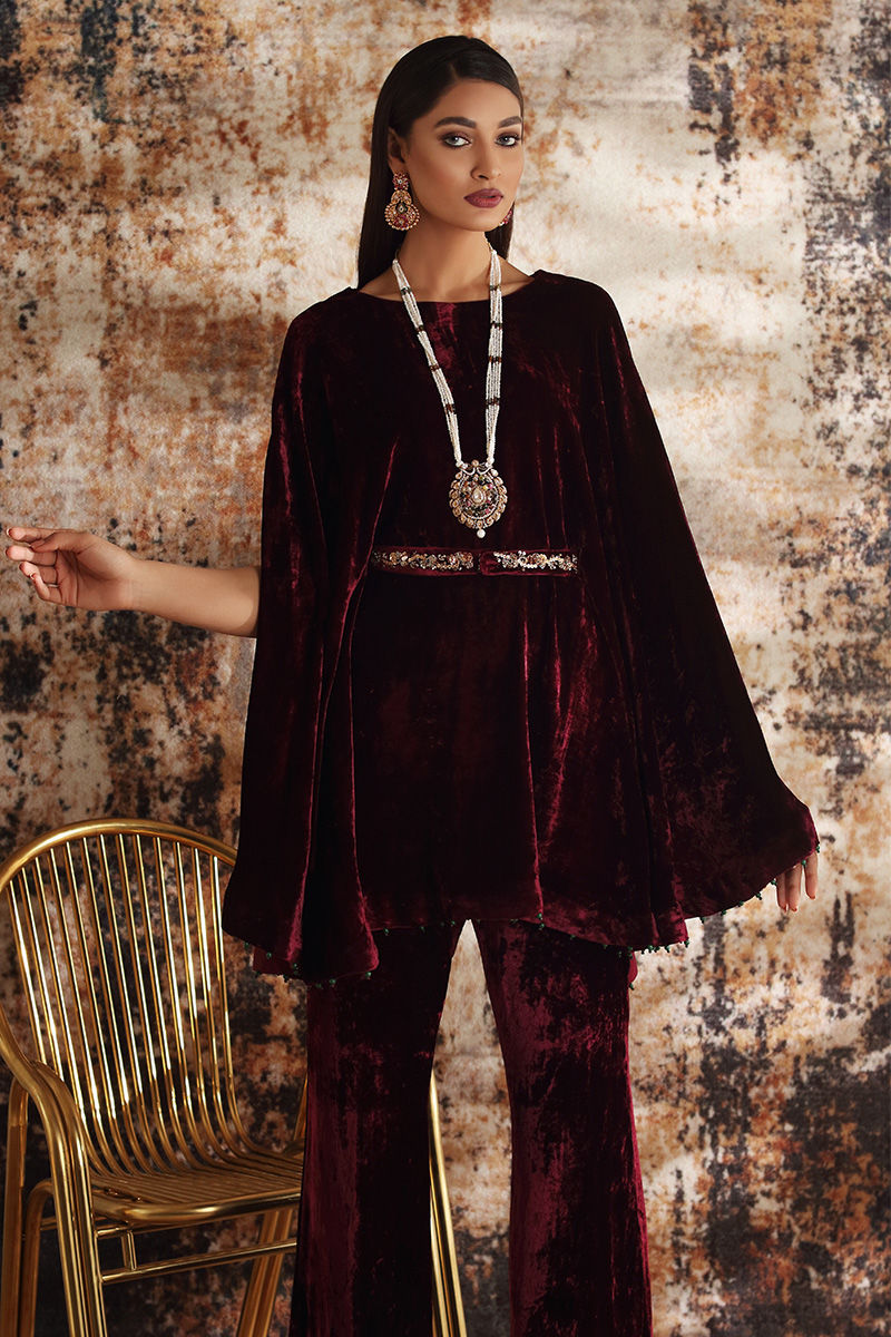 Pakistani Maroon Velvet Cape Dress with Bootcut Trousers (2-Piece) - Image 2