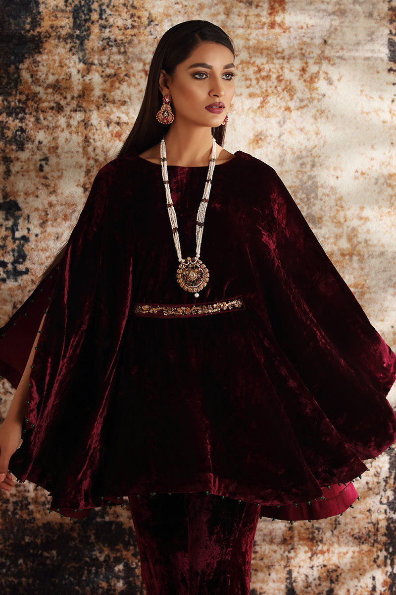 Pakistani Maroon Velvet Cape Dress with Bootcut Trousers (2-Piece) - Image 3